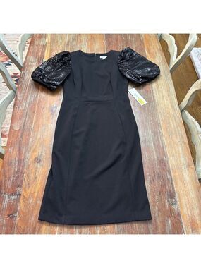 Calvin Klein Black Sequin Puff Sleeve Midi Dress Size 6 NWT